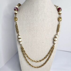 Vintage Gold Tone 36” Chain Necklace Pink Floral Beads Faux Pearls Double Strand